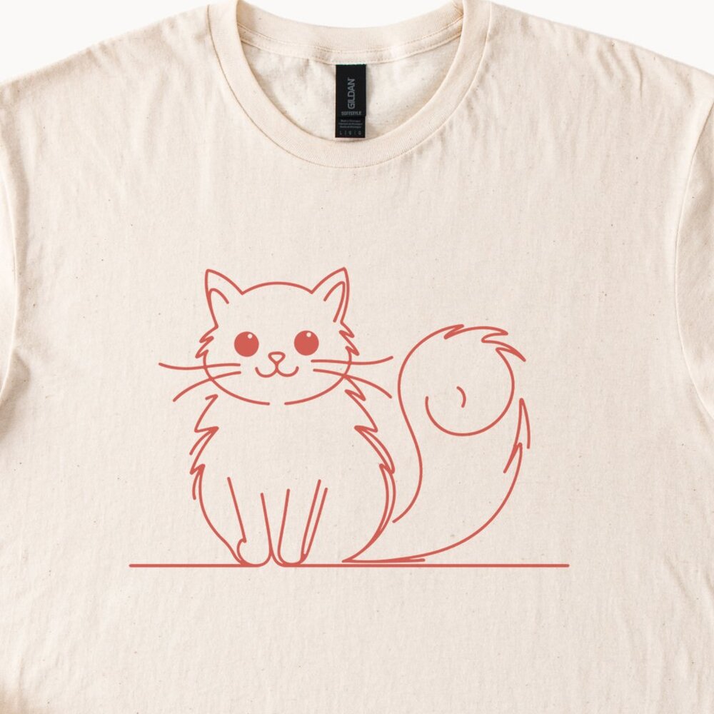 Minimalist Red Outline Cat Graphic T-Shirt Cute Kitten Tee - Picture 2 of 6